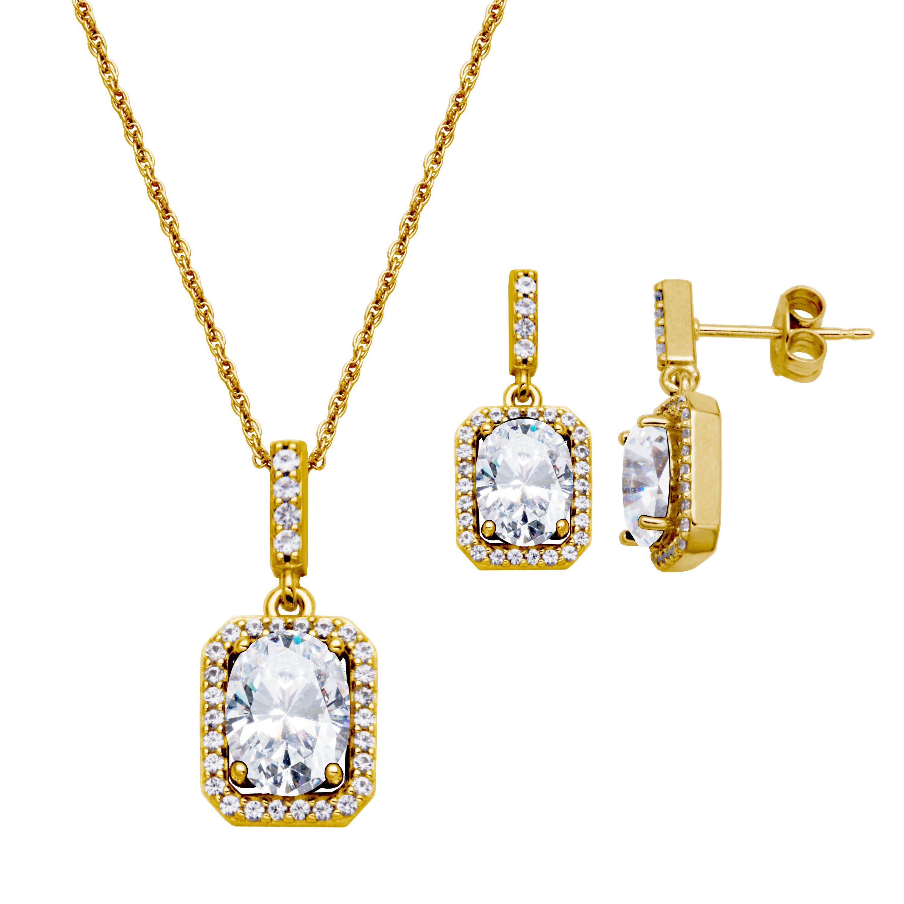 Created White Sapphire Halo Necklace and Earring Set in 18K Gold over Sterling Silver