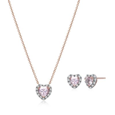 Aurealis Created Pink and White Sapphire Halo Heart Necklace and Earring Set in Sterling Silver