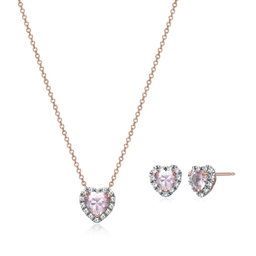 Created Pink and White Sapphire Halo Heart Necklace and Earring Set in Sterling Silver