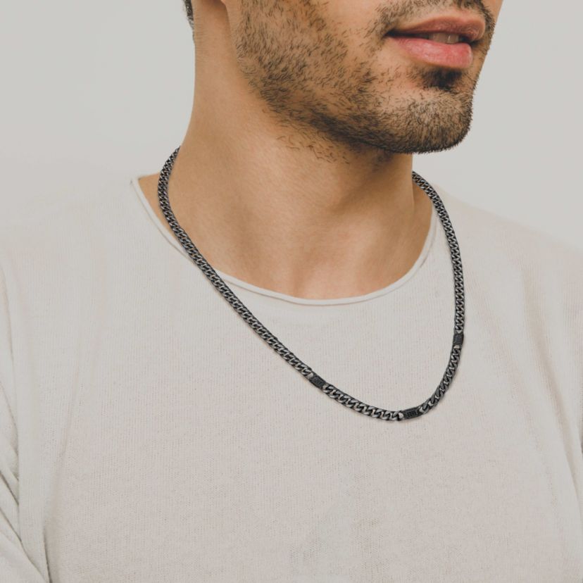 Gunmetal Plated Sterling Silver Mens Genuine Black Sapphire Curb Link Necklace