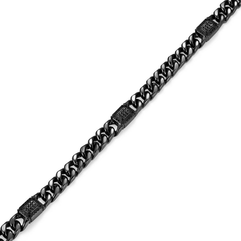 Gunmetal Plated Sterling Silver Mens Genuine Black Sapphire Curb Link Necklace