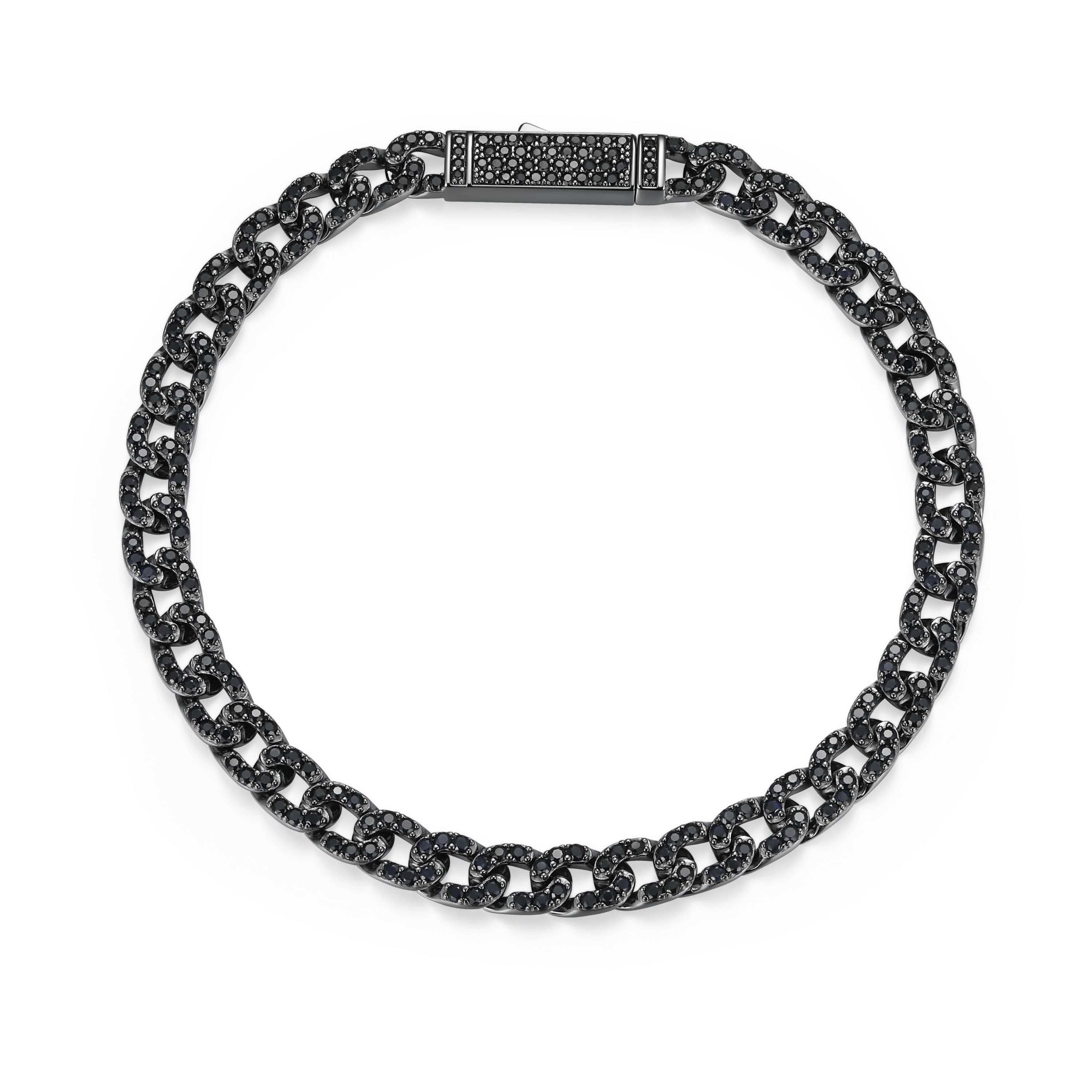 Gunmetal Plated Sterling Silver Mens Genuine Black Sapphire ID Curb Chain Link Bracelet