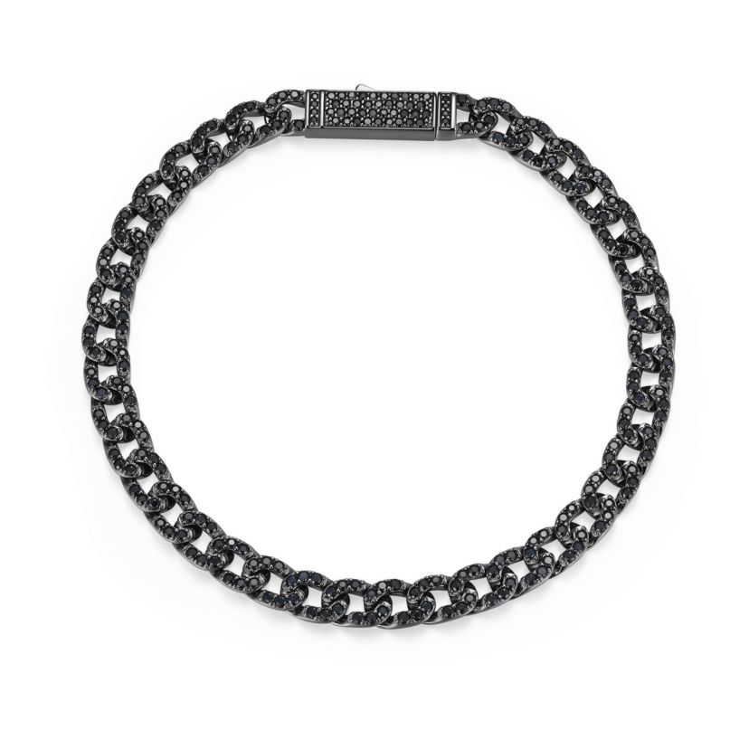 Gunmetal Plated Sterling Silver Mens Genuine Black Sapphire ID Curb Chain Link Bracelet