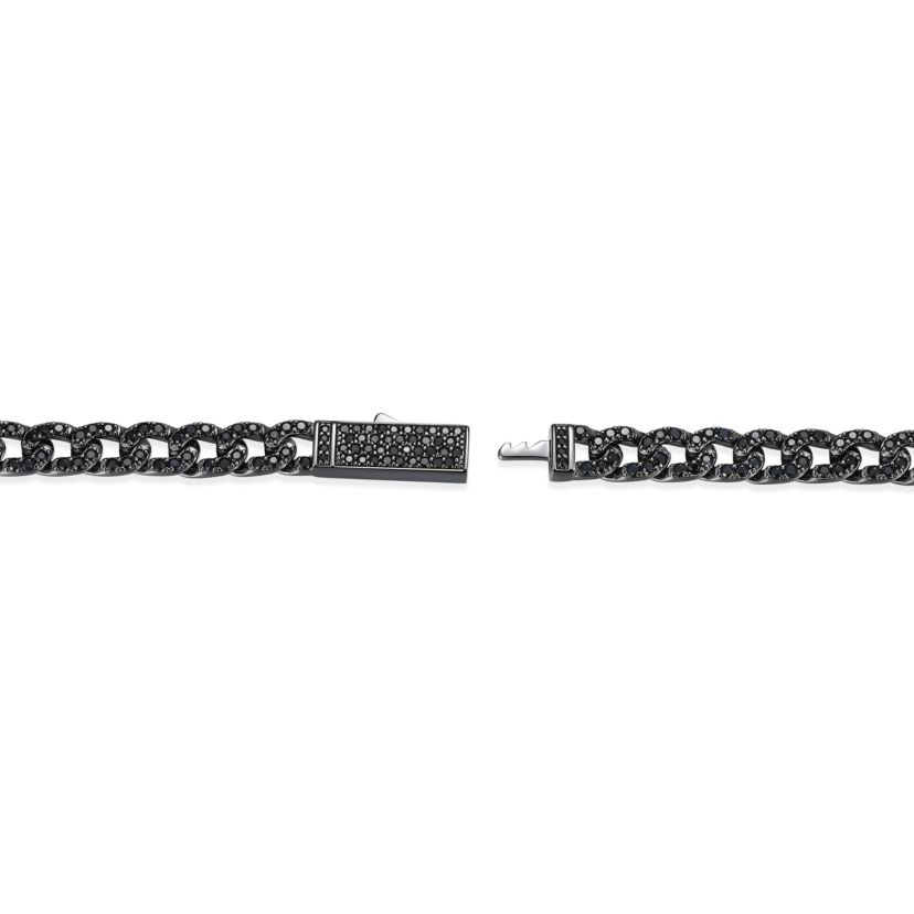 Gunmetal Plated Sterling Silver Mens Genuine Black Sapphire ID Curb Chain Link Bracelet