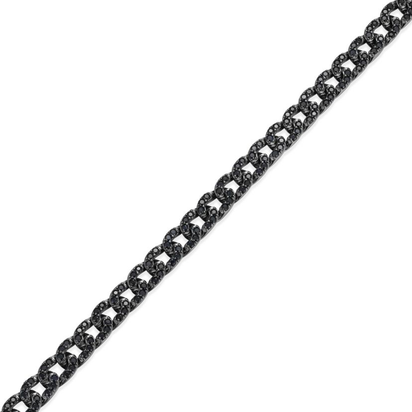 Gunmetal Plated Sterling Silver Mens Genuine Black Sapphire ID Curb Chain Link Bracelet