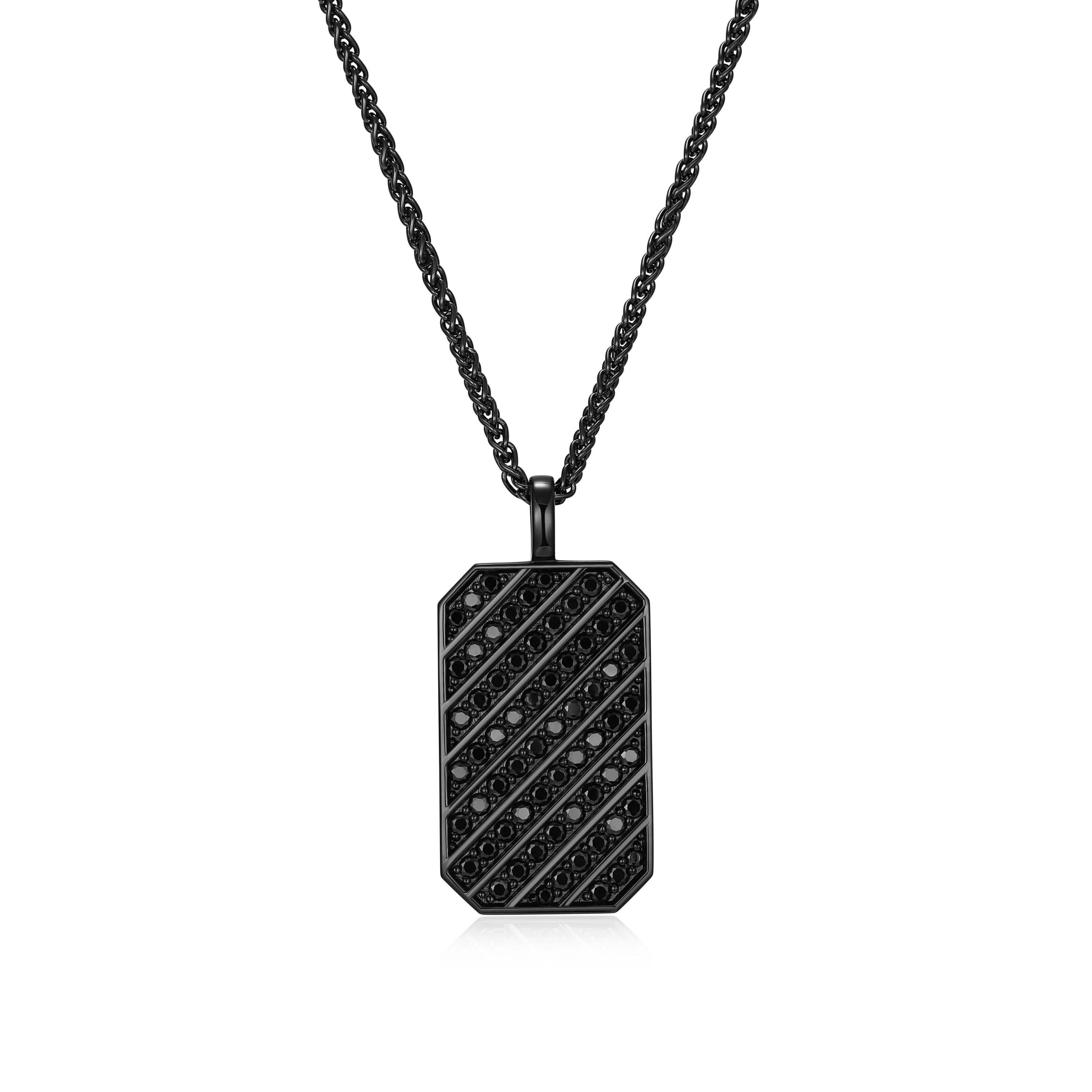 Gunmetal Plated Sterling Silver Mens Cubic Zirconia Dog Tag Pendant Necklace