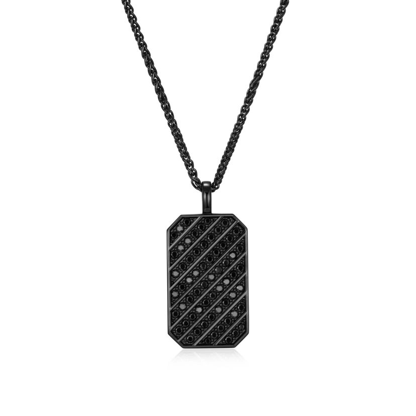 Gunmetal Plated Sterling Silver Mens Cubic Zirconia Dog Tag Pendant Necklace