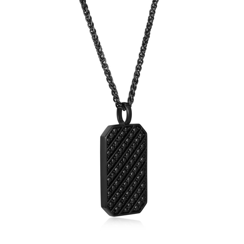 Gunmetal Plated Sterling Silver Mens Cubic Zirconia Dog Tag Pendant Necklace