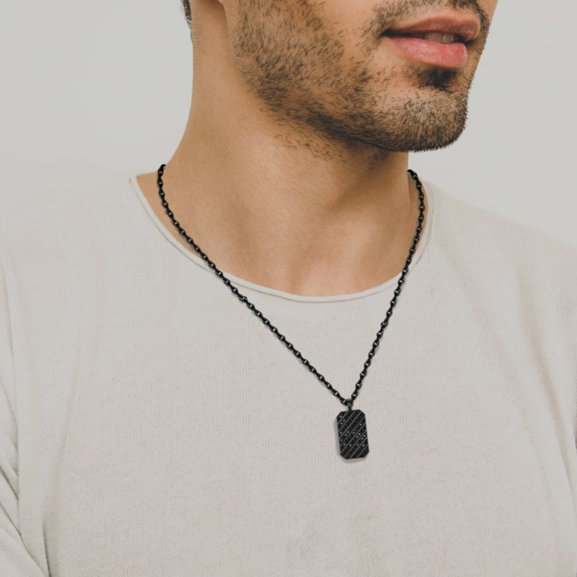 Gunmetal Plated Sterling Silver Mens Cubic Zirconia Dog Tag Pendant Necklace
