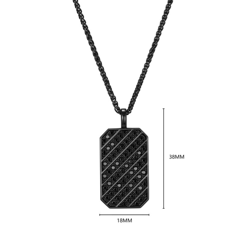 Gunmetal Plated Sterling Silver Mens Cubic Zirconia Dog Tag Pendant Necklace