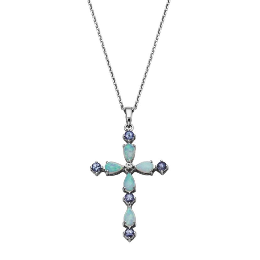 Lab Created 10k Yellow Gold Genuine Tanzanite, Created Opal, and Created White Sapphire Cross Pendant Necklace