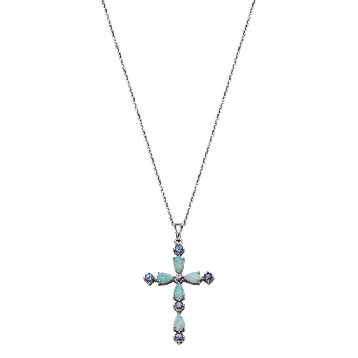 Lab Created 10k Yellow Gold Genuine Tanzanite, Created Opal, and Created White Sapphire Cross Pendant Necklace