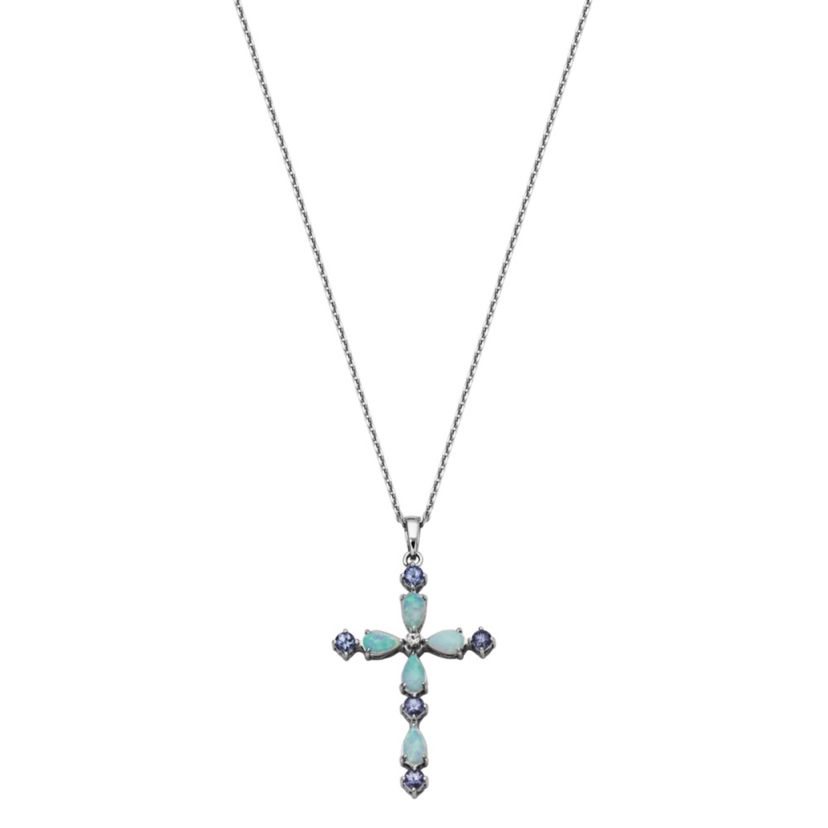 Lab Created 10k Yellow Gold Genuine Tanzanite, Created Opal, and Created White Sapphire Cross Pendant Necklace