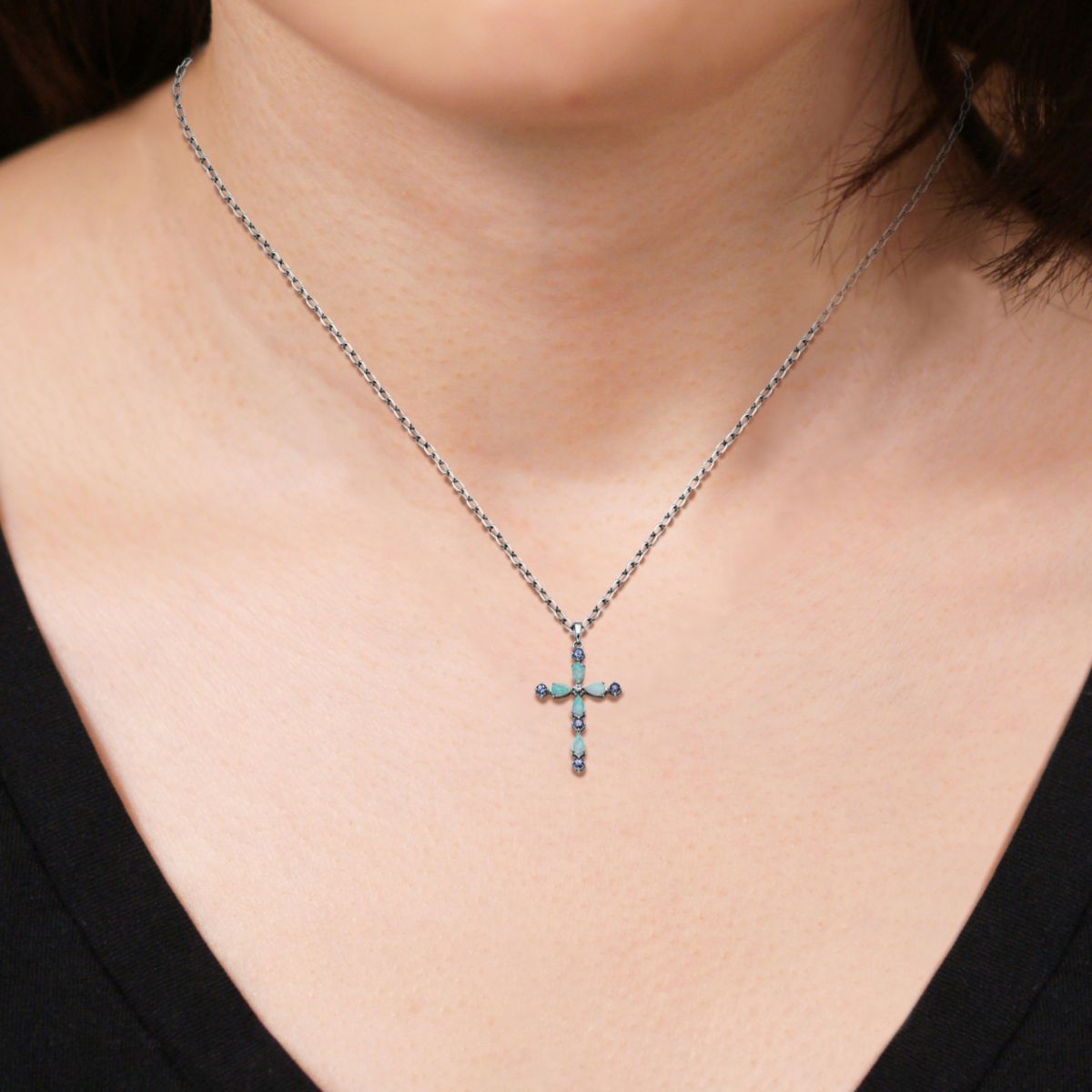 Lab Created 10k Yellow Gold Genuine Tanzanite, Created Opal, and Created White Sapphire Cross Pendant Necklace