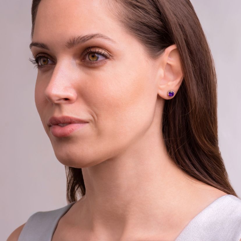 Genuine Amethyst Stud Earrings in 10K Gold and Rhodium-plated Sterling Silver