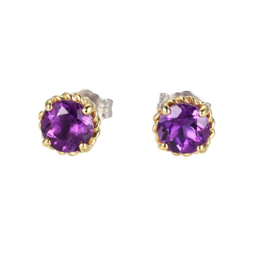 Genuine Amethyst Stud Earrings in 10K Gold and Rhodium-plated Sterling Silver