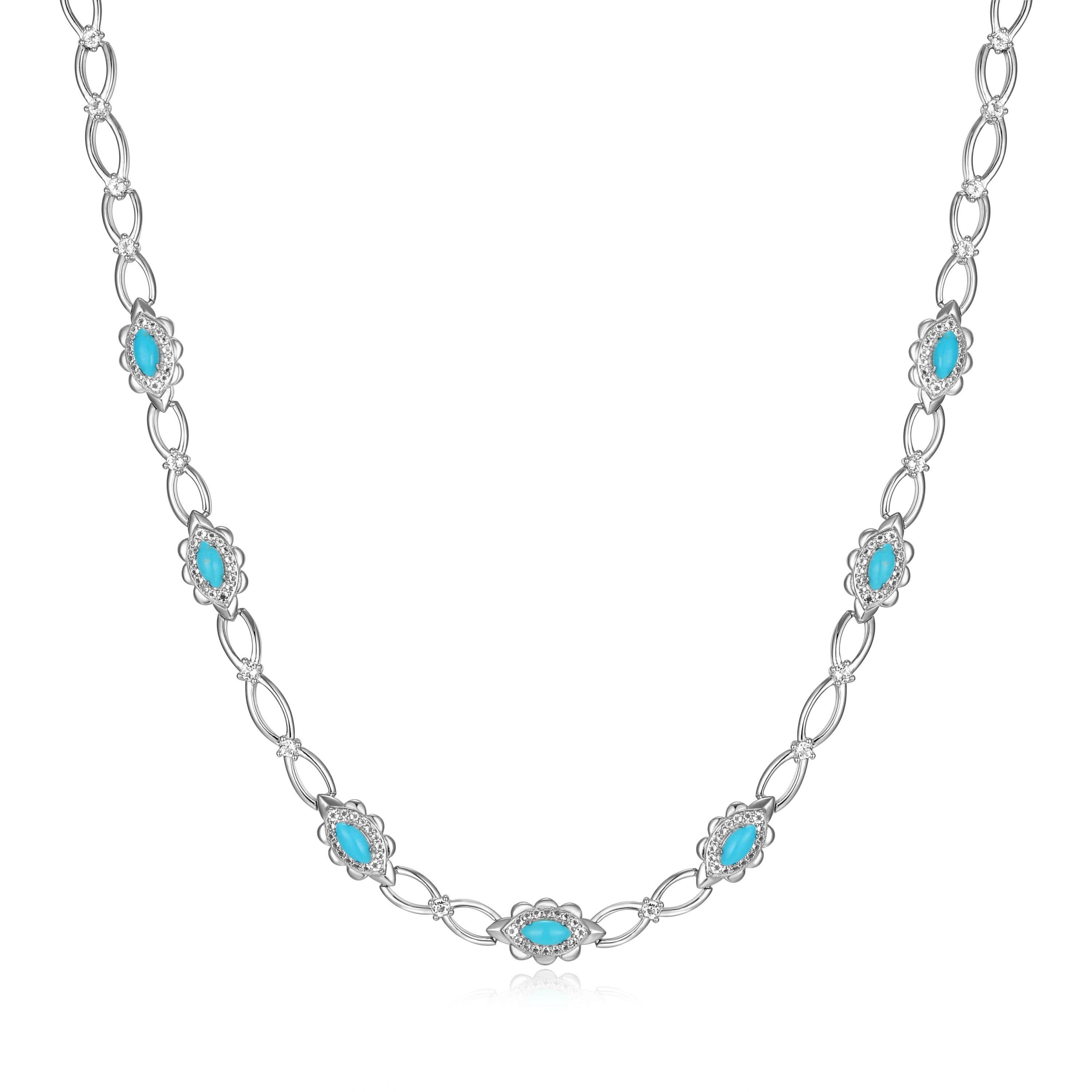 Genuine Turquoise and White Topaz Necklace in Rhodium Plated Sterling Silver