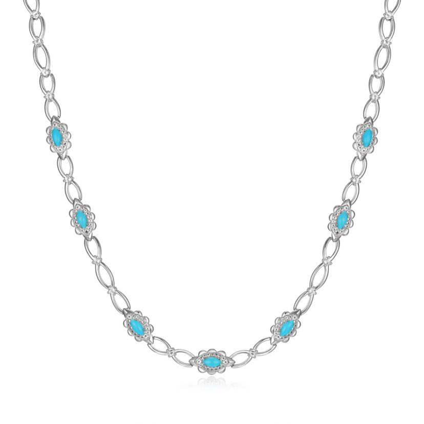 Genuine Turquoise and White Topaz Necklace in Rhodium Plated Sterling Silver