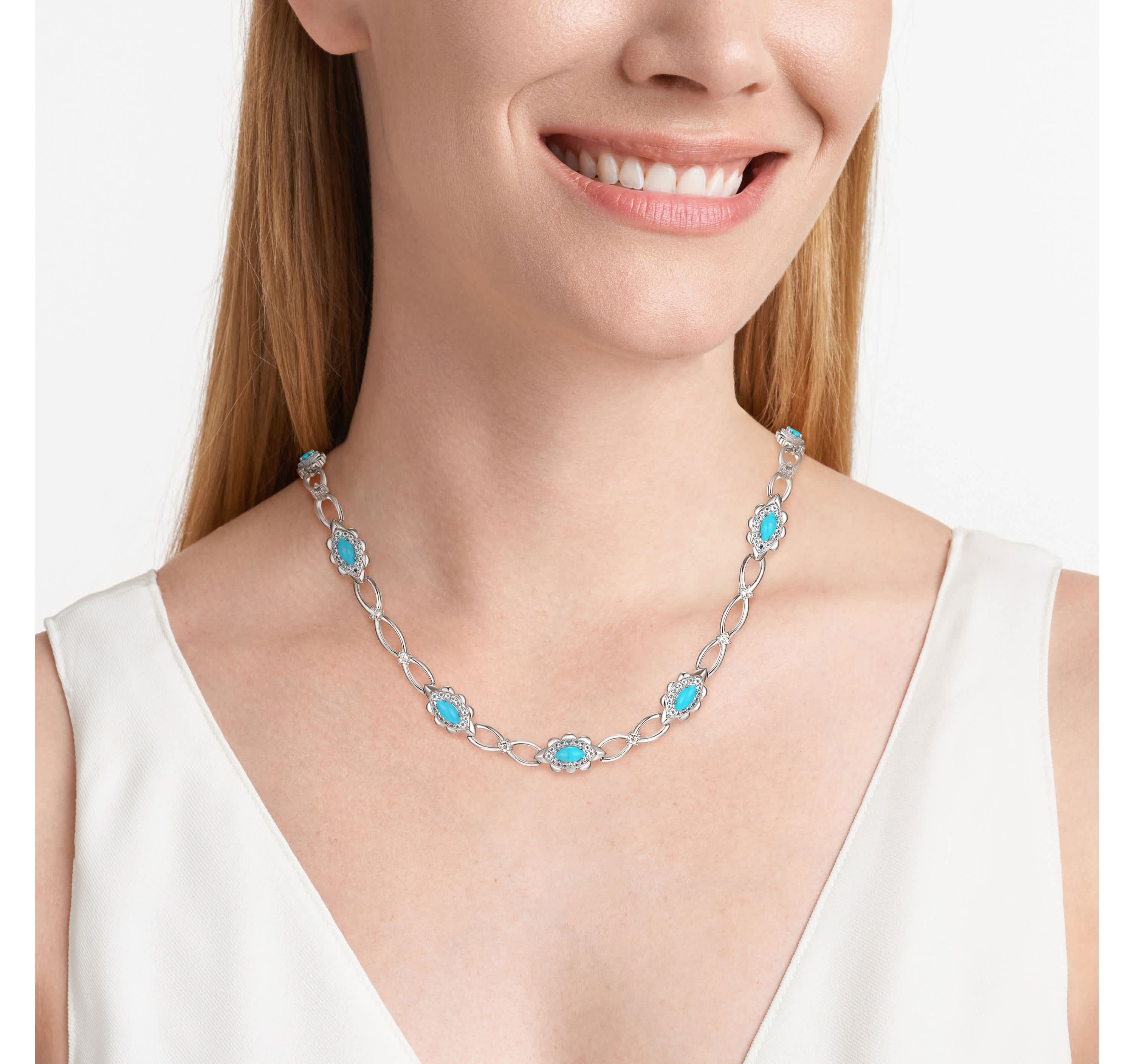 Genuine Turquoise and White Topaz Necklace in Rhodium Plated Sterling Silver