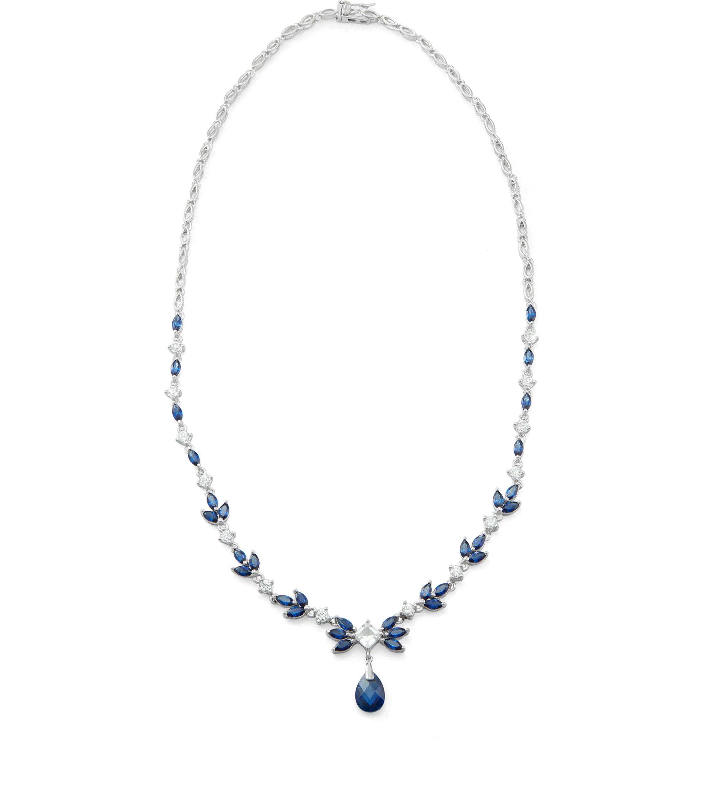 Created Blue and White Sapphire Statement Drop Necklace in Sterling Silver