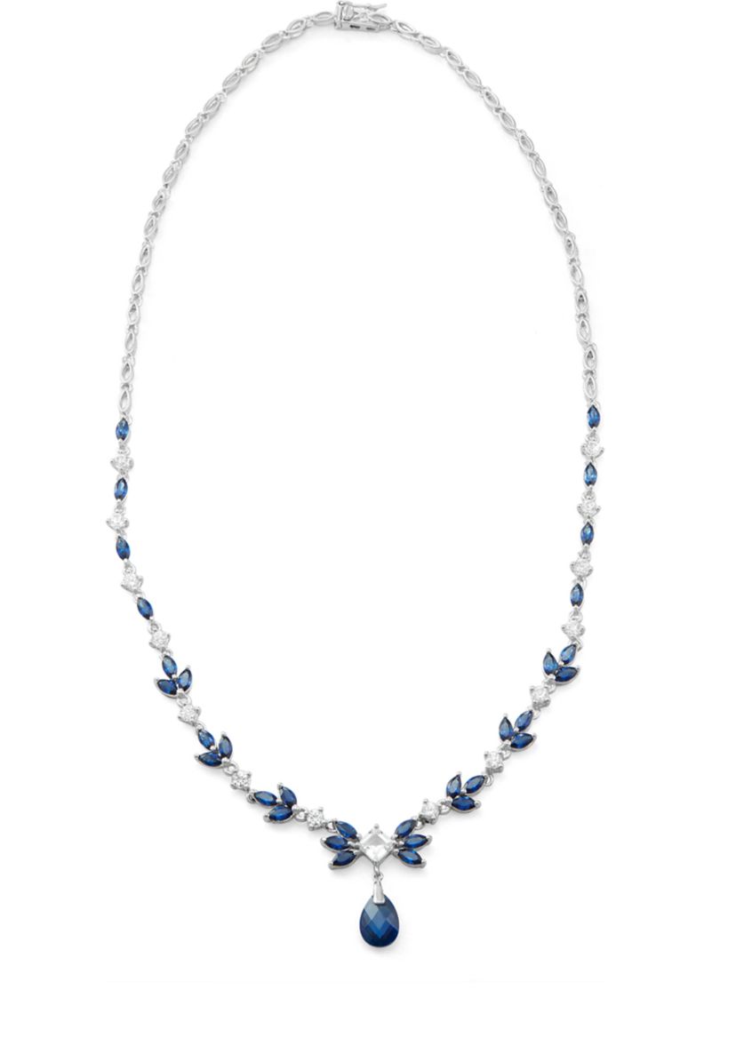 Created Blue and White Sapphire Statement Drop Necklace in Sterling Silver
