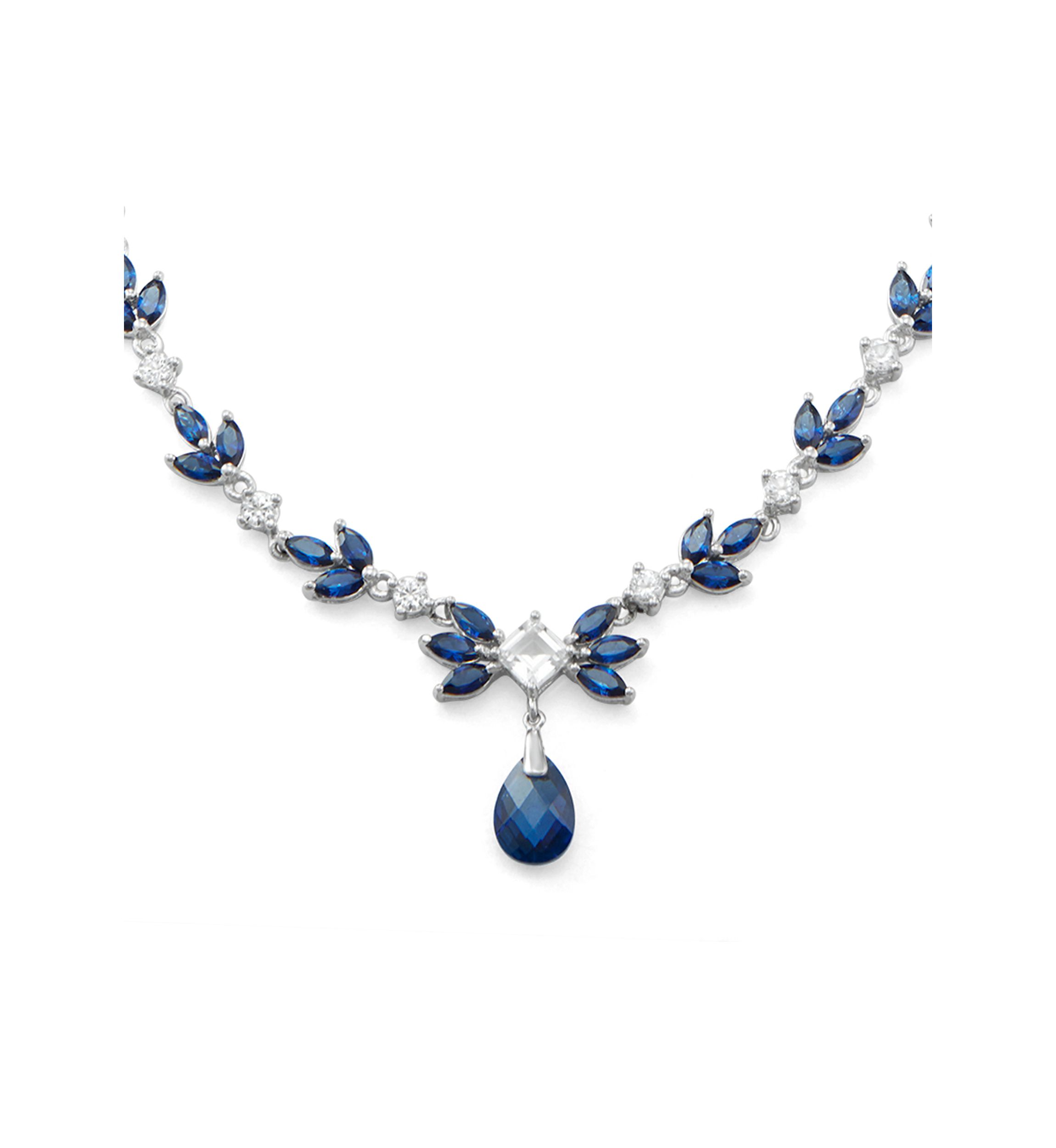 Created Blue and White Sapphire Statement Drop Necklace in Sterling Silver