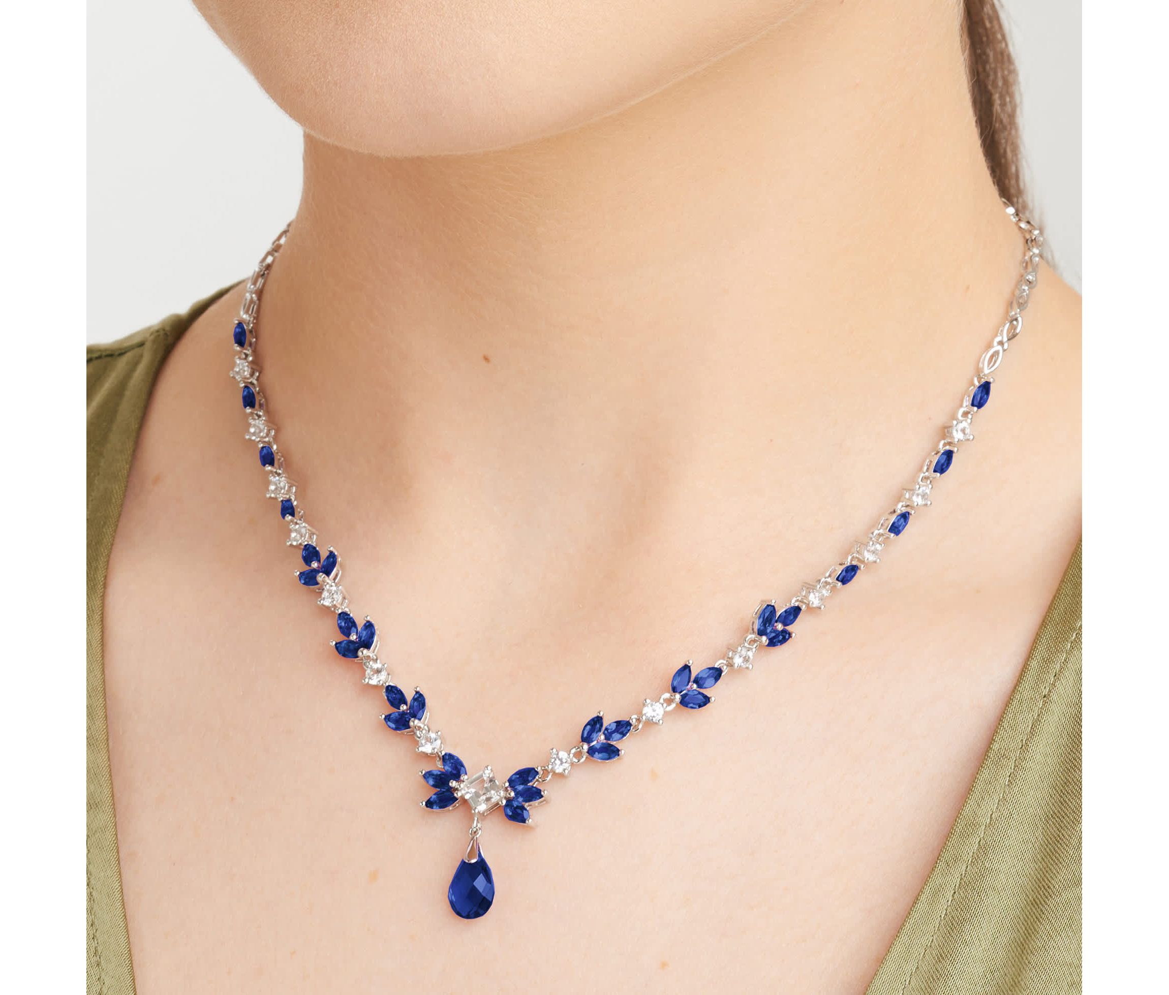Created Blue and White Sapphire Statement Drop Necklace in Sterling Silver