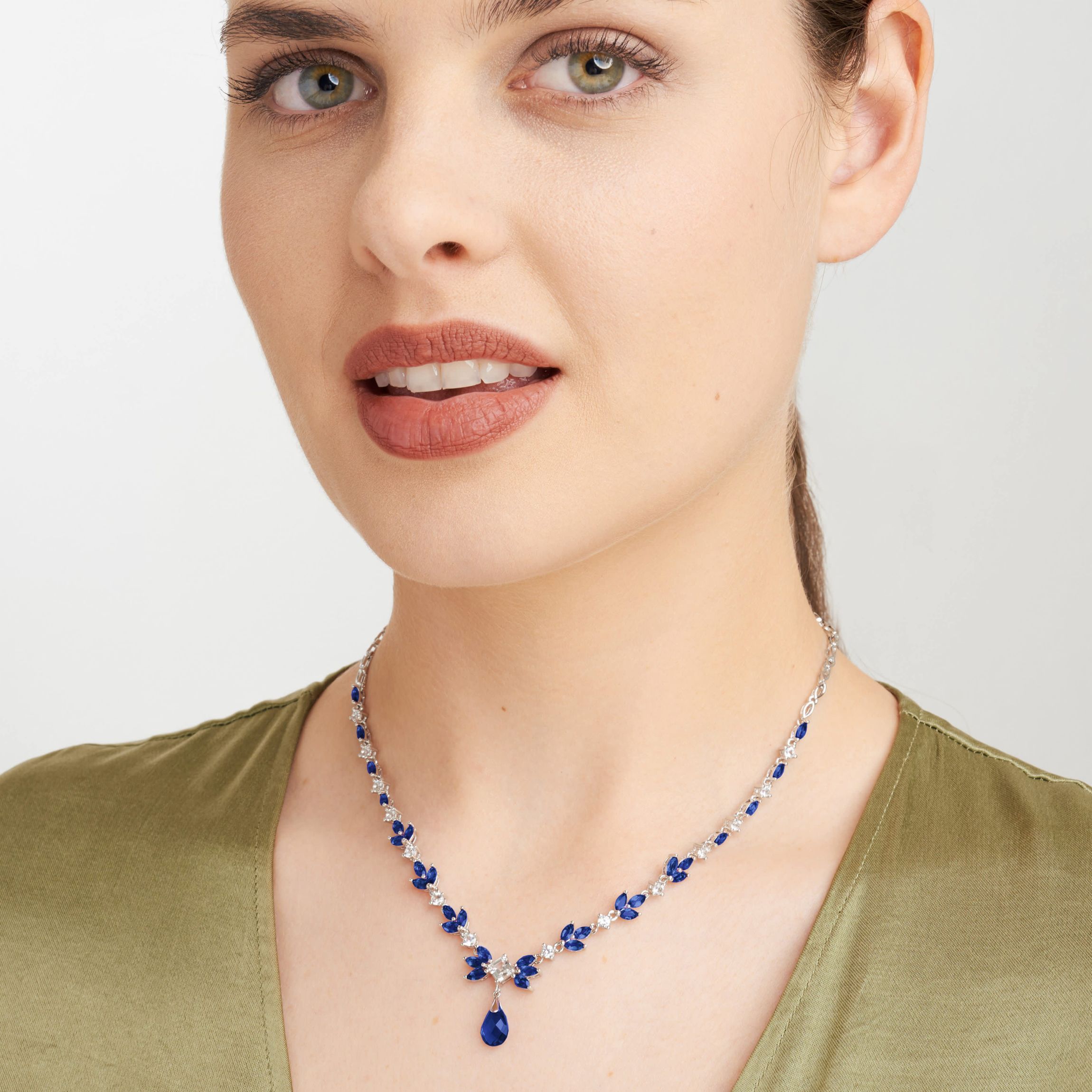 Created Blue and White Sapphire Statement Drop Necklace in Sterling Silver
