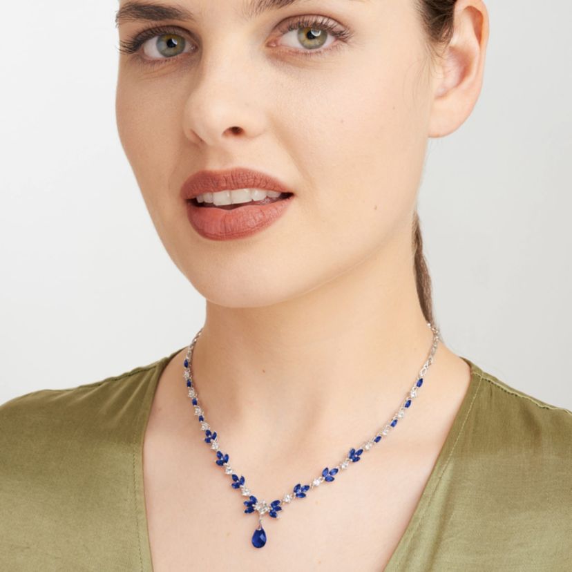 Created Blue and White Sapphire Statement Drop Necklace in Sterling Silver
