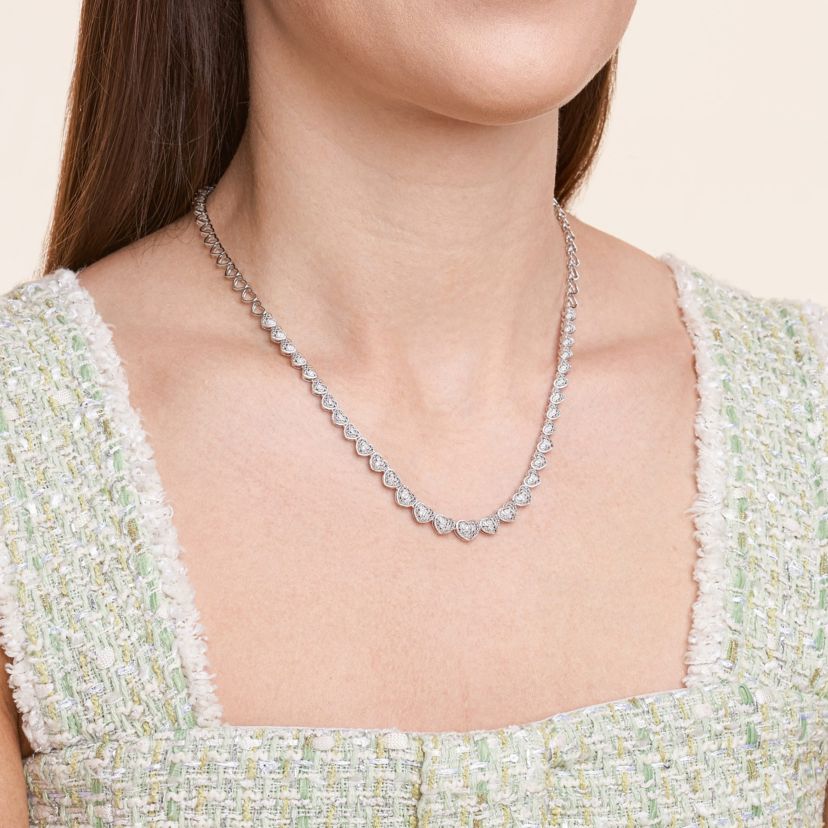 1/10 cttw Diamond Heart Tennis Necklace in Rhodium Plated Sterling Silver