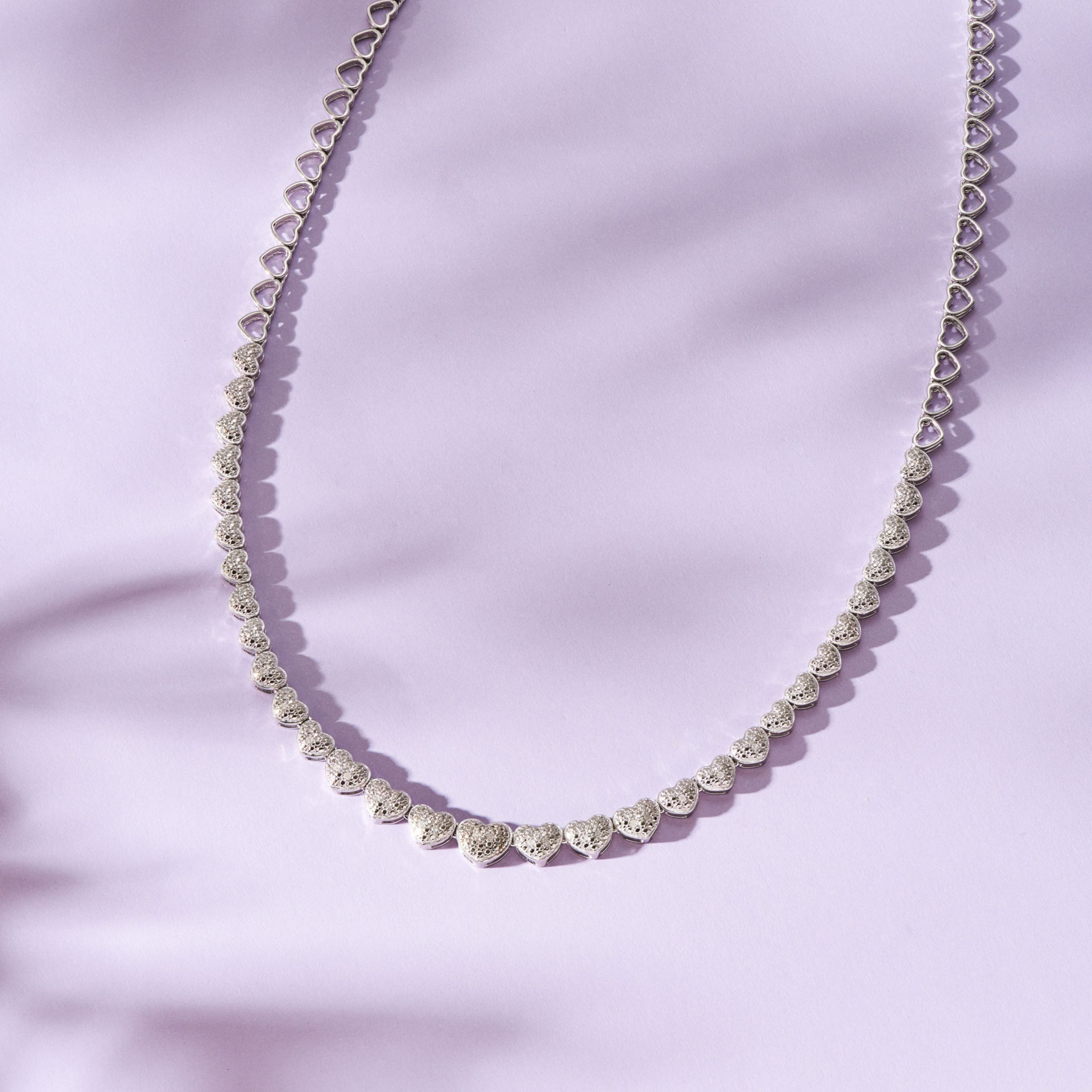1/10 cttw Diamond Heart Tennis Necklace in Rhodium Plated Sterling Silver
