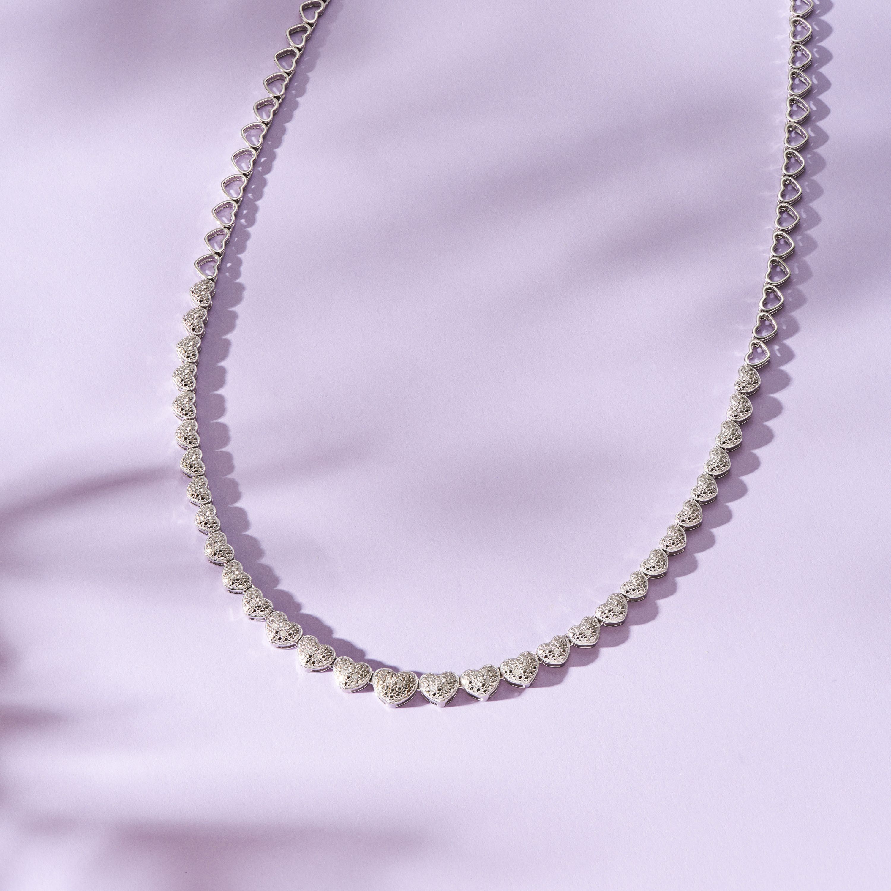 1/10 cttw Diamond Heart Tennis Necklace in Rhodium Plated Sterling Silver