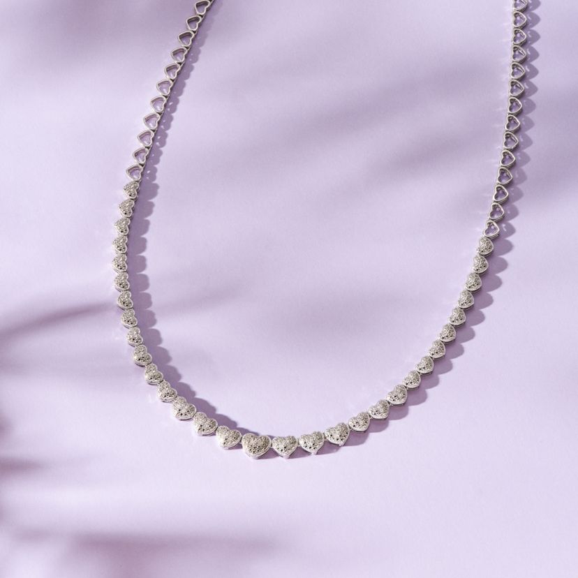 1/10 cttw Diamond Heart Tennis Necklace in Rhodium Plated Sterling Silver