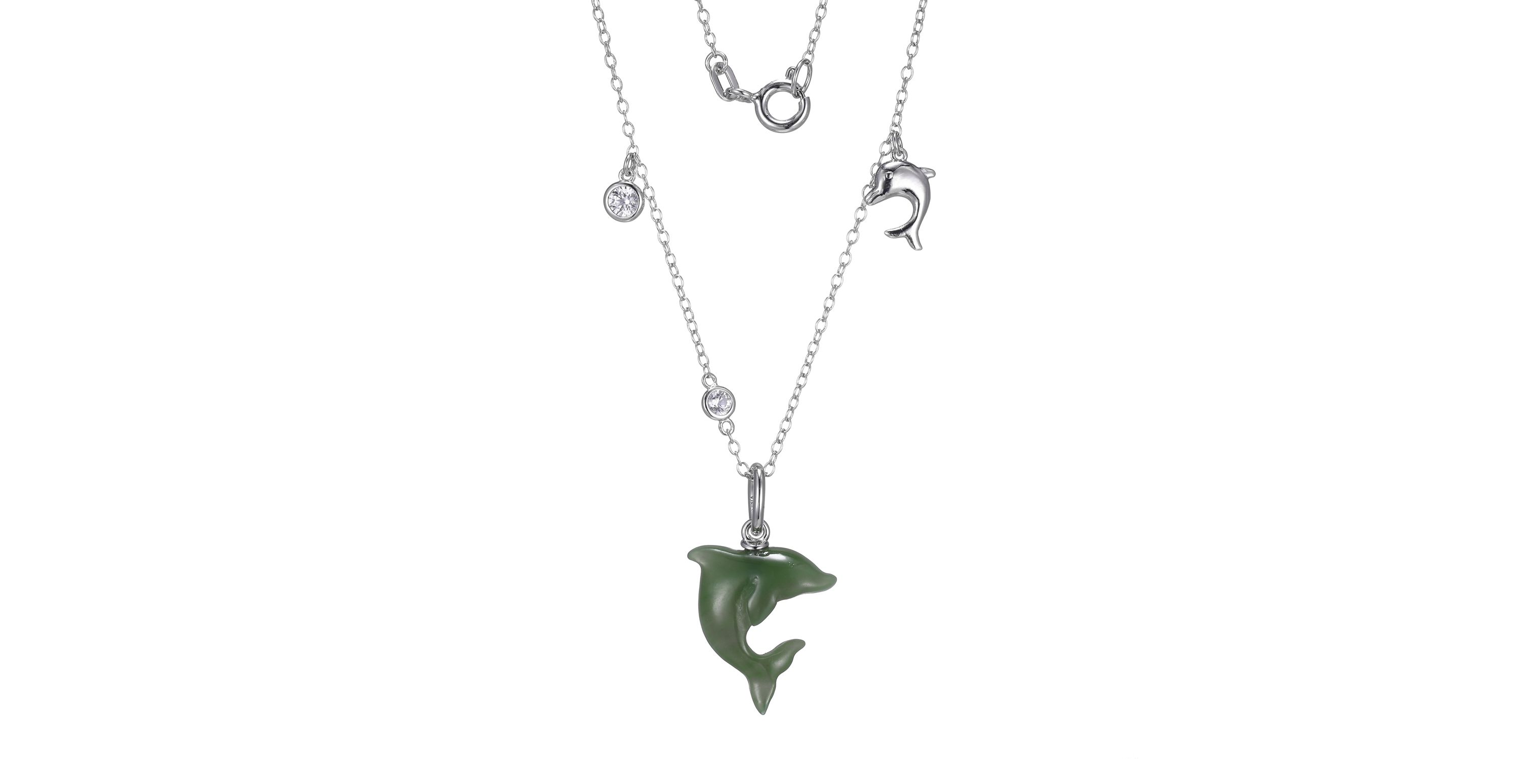 Rhodium Plated Sterling Silver Carved Nephrite Jade Dolphin Pendant Necklace