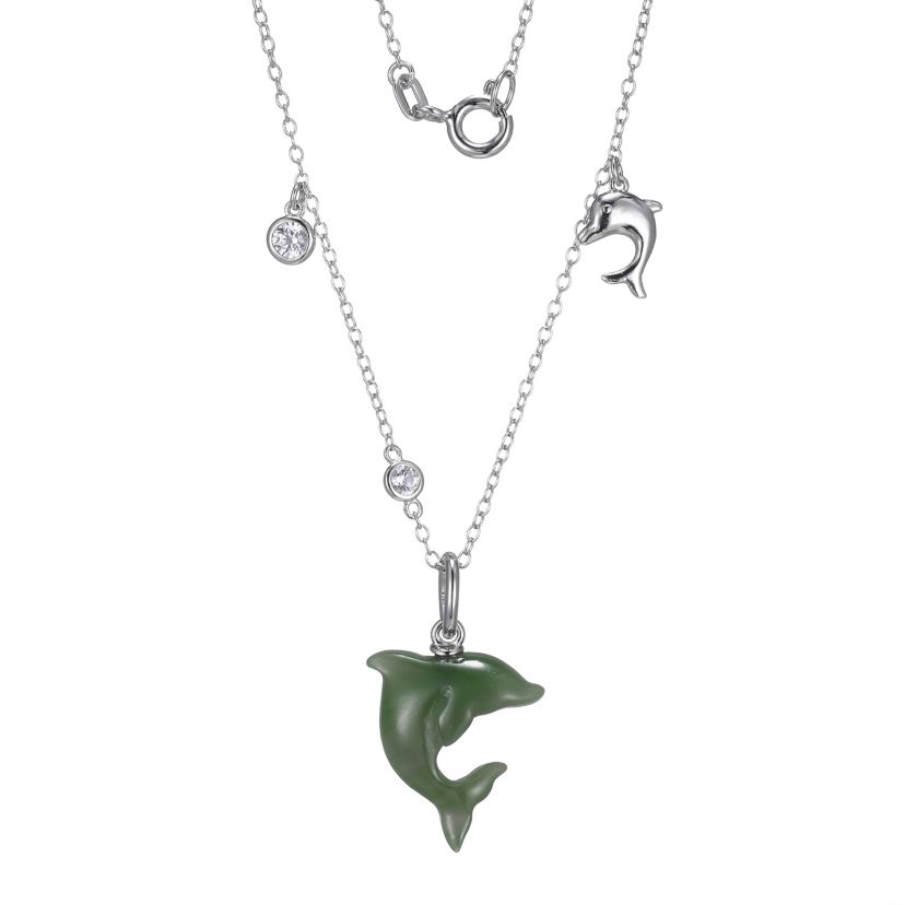 Rhodium Plated Sterling Silver Carved Nephrite Jade Dolphin Pendant Necklace
