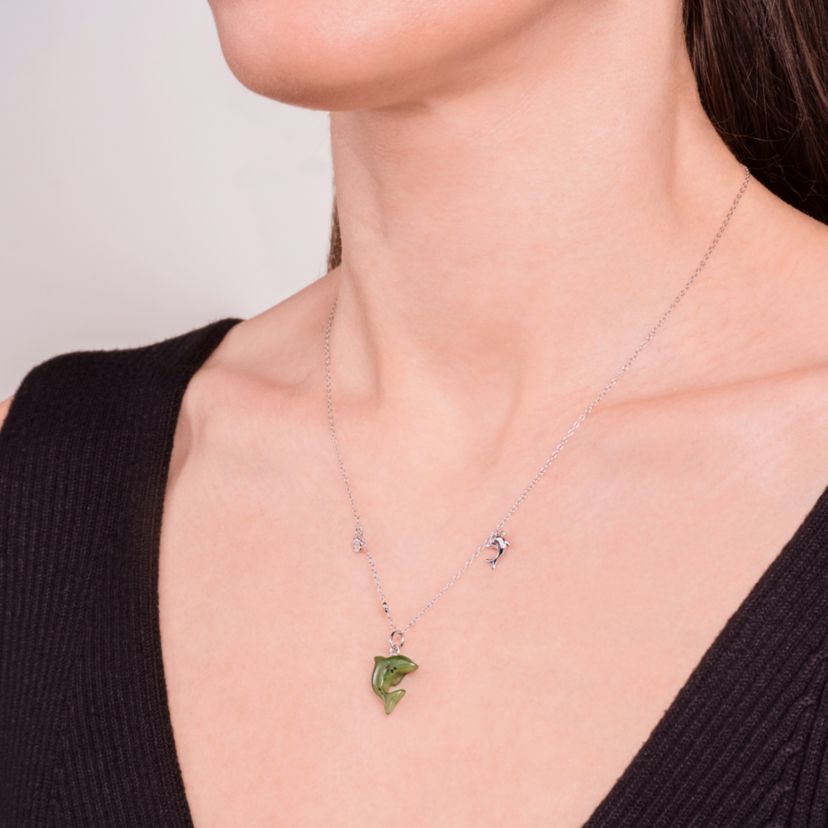 Rhodium Plated Sterling Silver Carved Nephrite Jade Dolphin Pendant Necklace