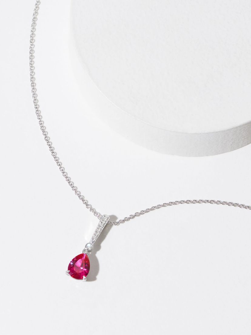 Lab Created Lab Grown Diamond and Created Ruby Necklace in Rhodium Plated Sterling Silver