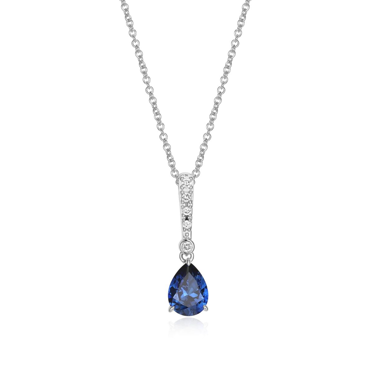 Lab Created Rhodium Plated Sterling Silver Created Sapphire and Lab Grown Diamond Pendant Necklace