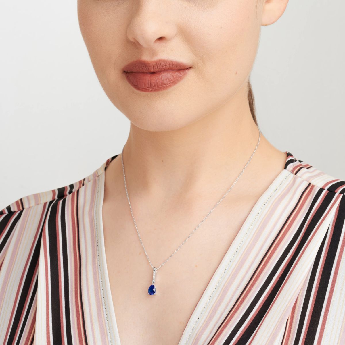 Lab Created Rhodium Plated Sterling Silver Created Sapphire and Lab Grown Diamond Pendant Necklace