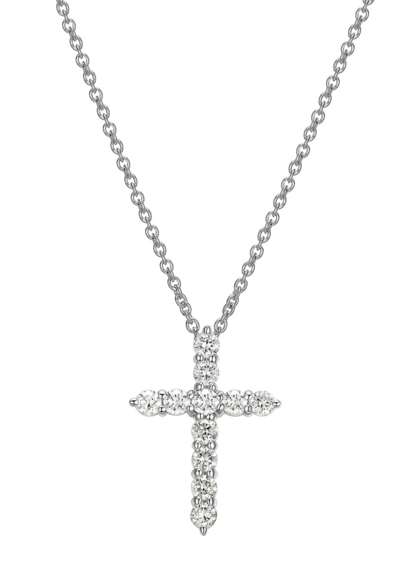 Lab Created 1/2 CT TW Lab Grown Diamond Rhodium Plated Sterling Silver Cross Pendant Necklace