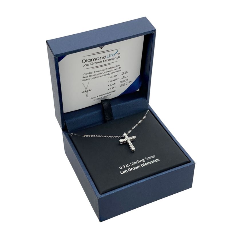 Lab Created 1/2 CT TW Lab Grown Diamond Rhodium Plated Sterling Silver Cross Pendant Necklace