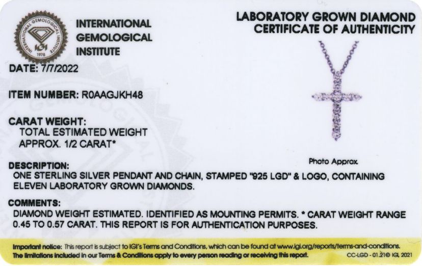 Lab Created 1/2 CT TW Lab Grown Diamond Rhodium Plated Sterling Silver Cross Pendant Necklace