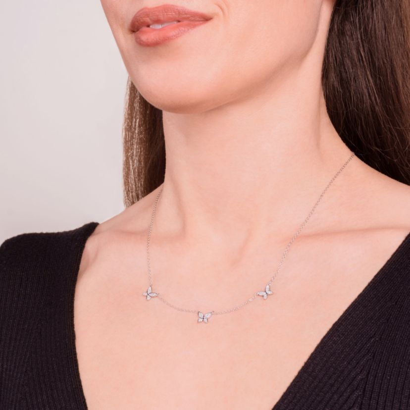 1/5 cttw Diamond Floating Butterfly Station Necklace in Rhodium Plated Sterling Silver