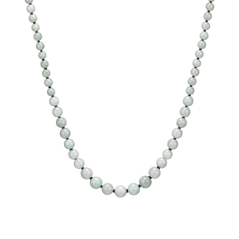 Genuine Green Jade Bead Necklace in Rhodium-plated Sterling Silver