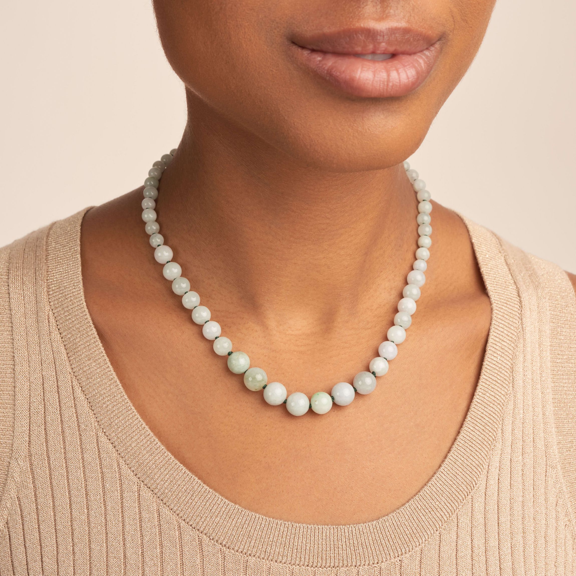 Genuine Green Jade Bead Necklace in Rhodium-plated Sterling Silver