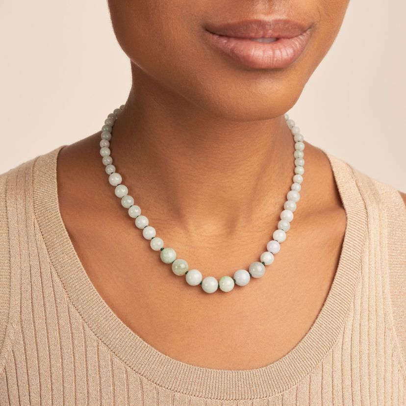 Genuine Green Jade Bead Necklace in Rhodium-plated Sterling Silver
