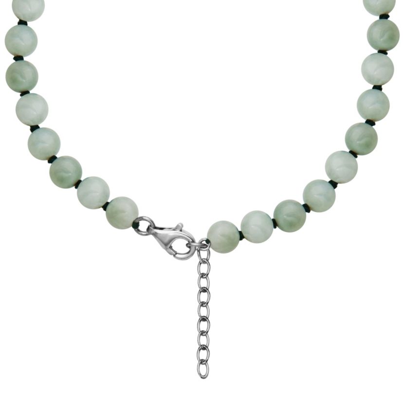 Genuine Green Jade Bead Necklace in Rhodium-plated Sterling Silver