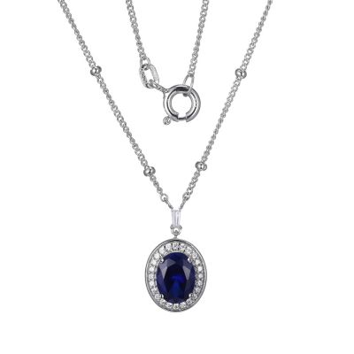 Aurealis Lab Created Created Blue Sapphire Oval Necklace in Rhodium-plated Sterling Silver