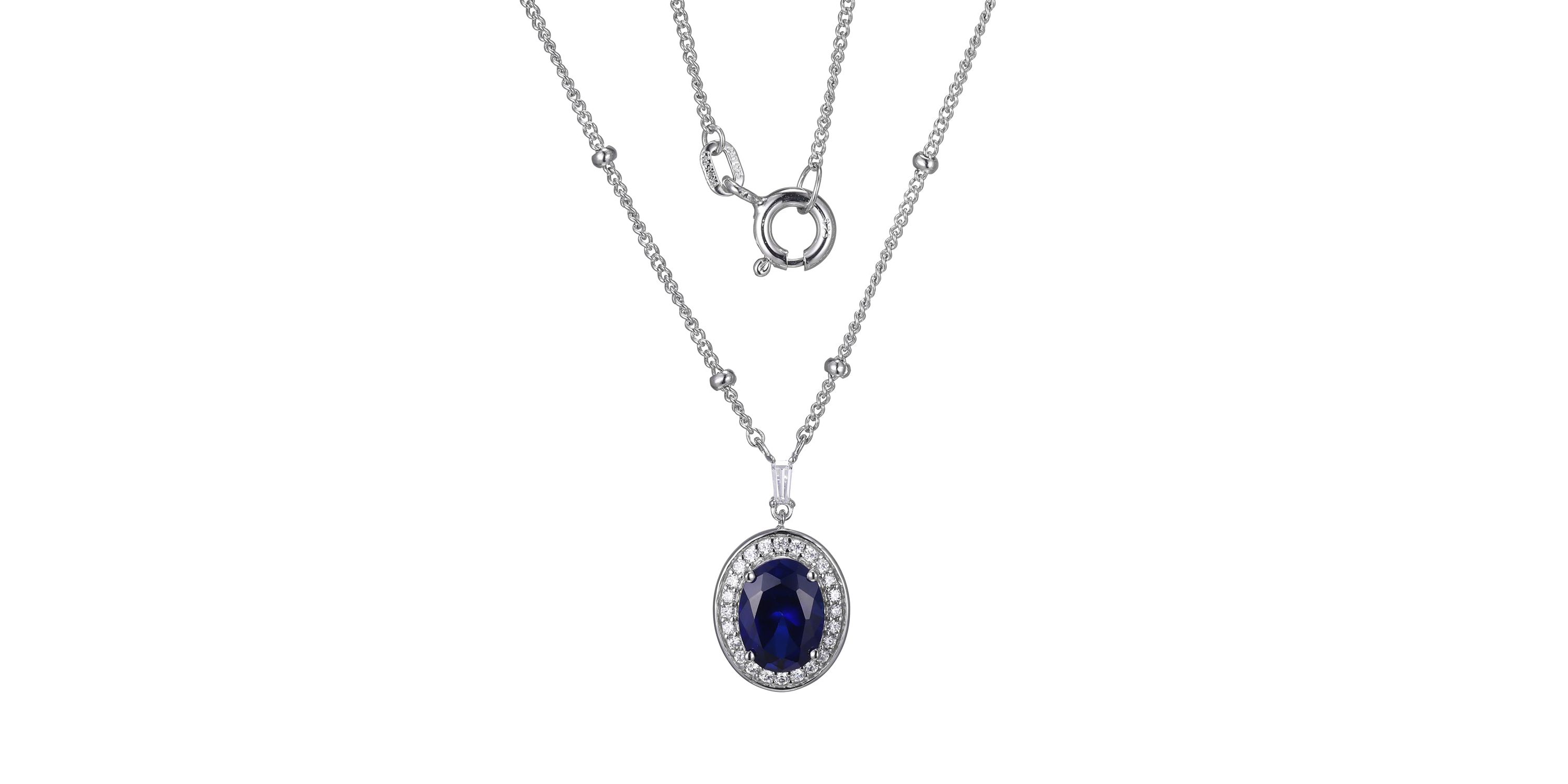 Lab Created Created Blue Sapphire Oval Necklace in Rhodium-plated Sterling Silver
