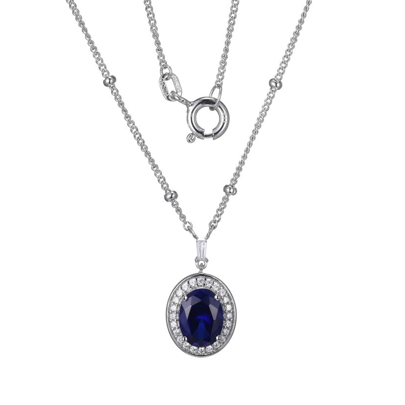 Lab Created Created Blue Sapphire Oval Necklace in Rhodium-plated Sterling Silver